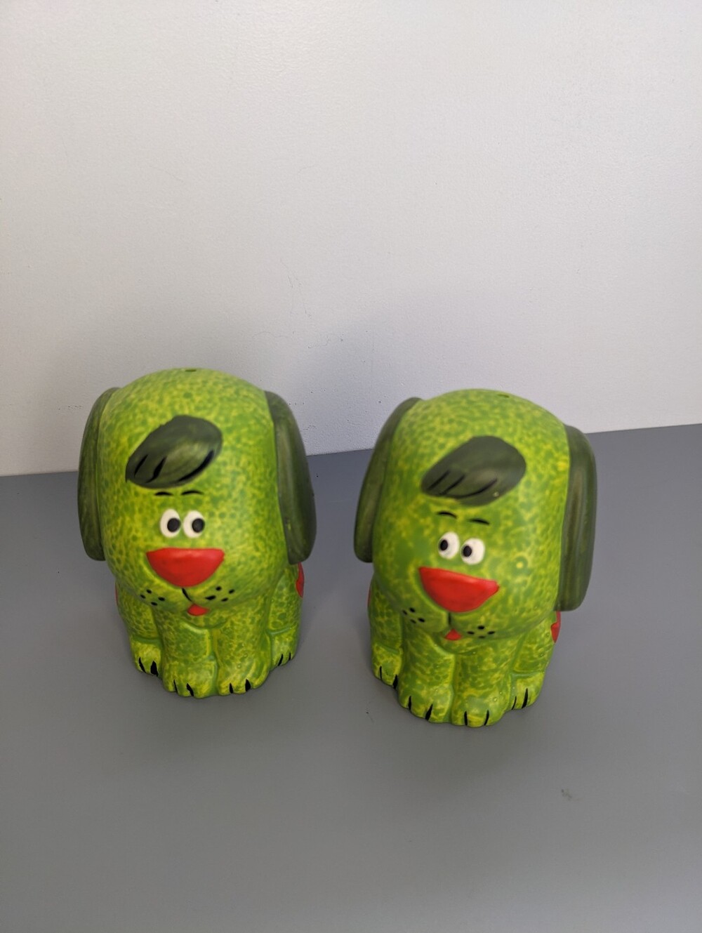 Vintage Japan Green Dog Ceramic Figurine Pair Anthropomorphic 1960s